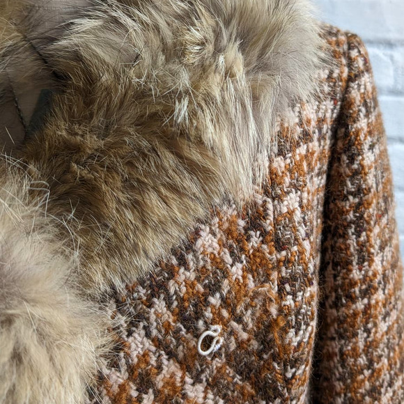 70s Vintage Penny Lane Wool Fur Coat Groovy Plaid Minimal Trench Afghan Jacket - Picture 8 of 11